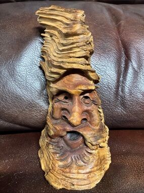 Hand-Carved Wood Spirit Sculpture in Natural Brown